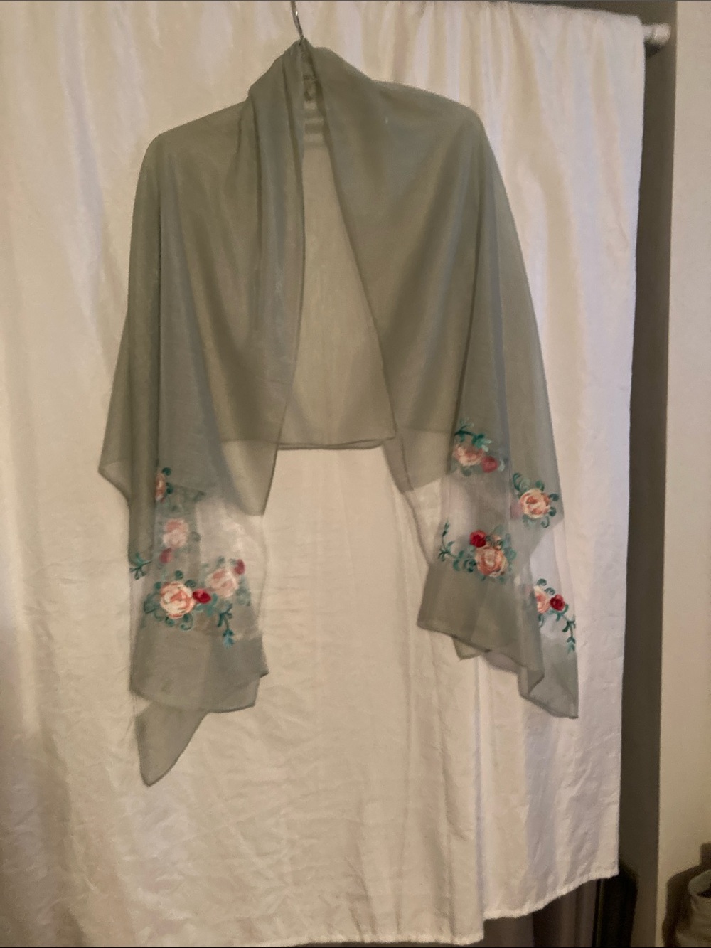 Stunning Embroidered Floral Chiffon Shawl Wrap - Sage Green